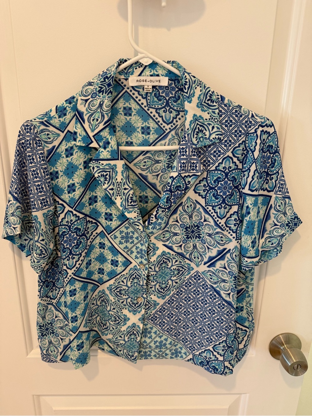 Rose & Olive Aqua and Navy Mosaic Print Button-Up